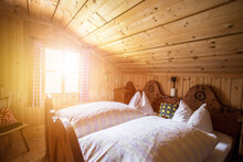 Holiday In The Mountains: Rustic Old Wooden Interior Of A Cabin Or Alpine Hut