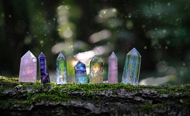 gemstones crystal minerals on mysterious nature background. gems fluorite, pink and clear quartz. ma