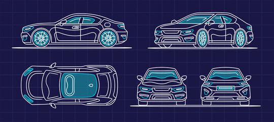 Car sedan set isolated. Vehicle front, side, back, above view. Flat style eps10 illustration. Simple modern design. Icons collection.