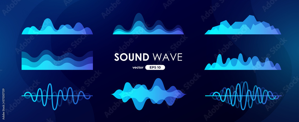 Sound wave set. Digital music equalizer. Beautiful abstract minimal background. Simple modern style. Blue neon color. Pulse line. Volume. Flat style vector illustration. - obrazy, fototapety, plakaty 