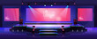 Stage of conference hall, presentation and concert scene, vector empty background template. Modern event stage with speaker podium, chair seats, spotlights and projector display monitors on screen