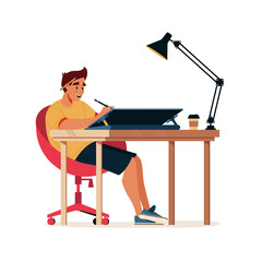 Aufkleber - Designer works at design, illustrator drawing at computer or tablet, graphic design studio worker, vector cartoon flat illustration. Isolated designer illustrator drawing artwork with pen stylus