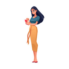 Aufkleber - Girl using smartphone or mobile phone for chat messenger or online video call, sms or browsing, vector cartoon flat isolated. Young girl holding and touching mobile phone smartphone