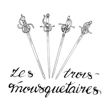 Handwritten Inscription In French: Three Musketeers. Lettering.  The Outline Drawing Of Swords Is Isolated On A White Background. Vector Illustration In A Hand-drawn Style. Design Or Coloring Element.