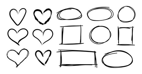 Wall Mural - vector black simple hand drawn frames and hearts, geometric shapes, rough sketched brush strokes, fr