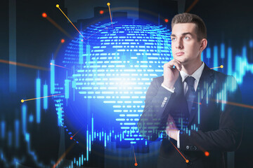 Poster - Pensive businessman and network interface