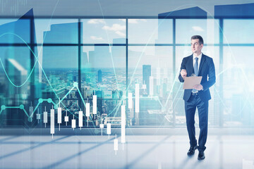 Poster - Man with clipboard in office, financial chart