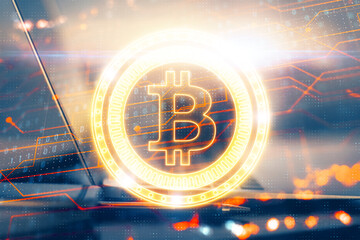 Aufkleber - Multi exposure of blockchain theme hologram and table with computer background. Concept of bitcoin crypto currency.