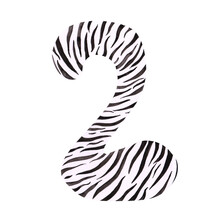 Hand-drawn Watercolor Number 2 With Zebra Print Isolated On A White Background. Bold Number Two With Animal Pattern For Safari Birthday Party And Other Events. An African Number For Your Design.