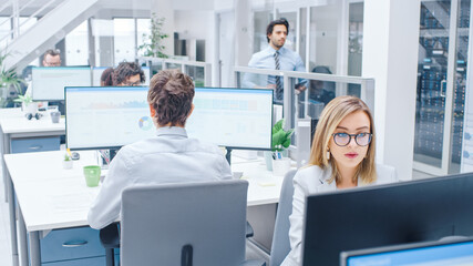 Aufkleber - In the Bright Busy Office Rows of Diverse Professionals Working on Desktop Computers, Doing Client Support, Communicating with Customers, Monitoring Statistics.