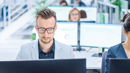 Poster - Big Busy Corporate Office with Two Rows off Businessmen and Businesswomen Working on Desktop Computers. Bright Open Space Office with Businesspeople and Salespeople