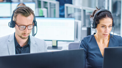 Poster - In Modern Open Space Office: Team of Customer Support People and Salesmen Working at their Desktop Computers, Using Headsets and Making Calls, Talking to Clients, Selling Insurance