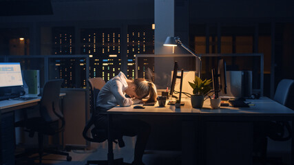 Poster - In the Office at Night, Overworked Tired Female Worker Uses Desktop Computer but Fell Asleep Fast. Tired Frustrated Exhausted Businesswoman Falls asleep at Her Job