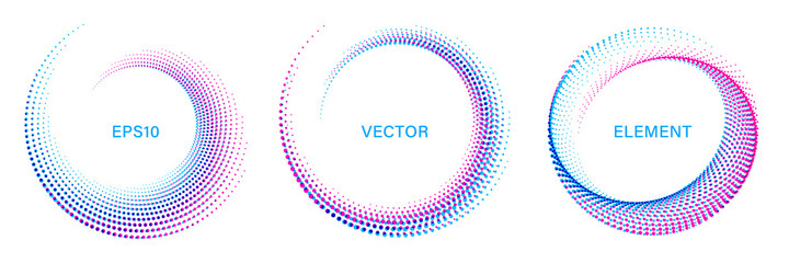 Wall Mural - Set of Colorful Spiral Dotted Graphic Elements on White Background. Geometric Vector Frames.