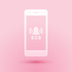 Poster - Paper cut SOS call icon isolated on pink background. 911, emergency, help, warning, alarm. Paper art style. Vector.