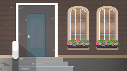 Wall Mural - Brown wooden house with large windows. Windows with flowers. Porch of a country house. Vector.