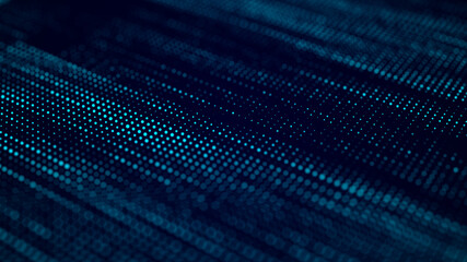 Digital blue background of particles. Abstract futuristic dynamic background. Big data visualization. 3D rendering.