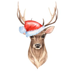 Watercolor deer with red Santa hat. Isolated on white