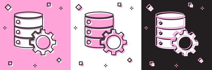 Set Server and gear icon isolated on pink and white, black background. Adjusting app, service concept, setting options, maintenance, repair, fixing. Vector Illustration.