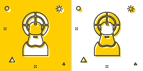 Black Jesus Christ icon isolated on yellow and white background. Random dynamic shapes. Vector Illustration.