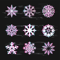 glitch snowflake icon set dark background