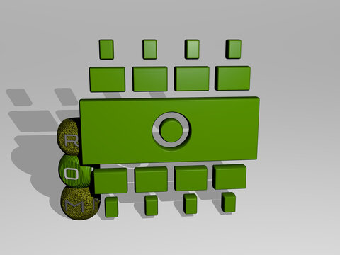 3D illustration of rom graphics and text around the icon made by metallic dice letters for the related meanings of the concept and presentations. computer and blue