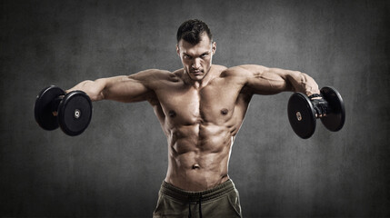 Wall Mural - man - bodybuilder, execute exercise with weight dumbbells