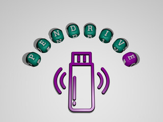 Leinwandbilder - 3D illustration of pendrive graphics and text around the icon made by metallic dice letters for the related meanings of the concept and presentations