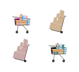 Fototapete - Hand truck and supermarket trolley flat color vector objects set