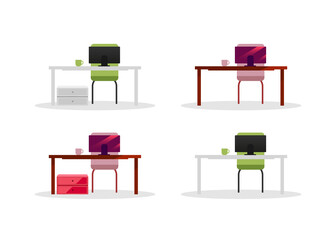 Wall Mural - Office tables with computers flat color vector objects set