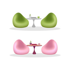 Fototapete - Bean bag chair and tables flat color vector objects set. Memory foam chair. Coffee table. Lounge furnishing isolated cartoon illustration for web graphic design and animation collection