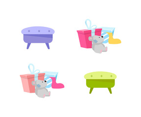 Poster - Gift boxes and footstools flat color vector objects set
