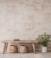 Mock up wall in home interior background, beige room with natural wooden furniture, green plant and rattan basket in Boho Scandinavian style, 3d render