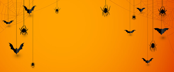 Black 3d bats and spiders hanging on threads.