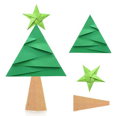 Wall Mural - A green origami chirstmas tree and star with clipping path