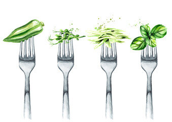 Okra, microgreens, cabbage, Basil on a fork. Concept of diet and healthy eating. Hand drawn watercolor illustration isolated on white background