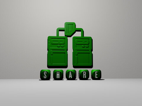 3D illustration of SHARE graphics and text made by metallic dice letters for the related meanings of the concept and presentations. business and icon