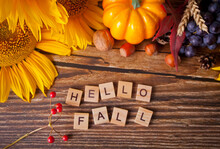 Greeting Card With Hello Fall Text. Composition With Pumpkin, Autumn Leaves And Berries. Cozy Autumn Mood Concept.