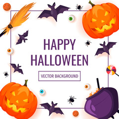 Wall Mural - Happy Halloween card with Halloween elements. Scary pumpkins, cauldron, broom, flying bats, spiders, candies. Vector illustration for poster, banner, card, postcard.