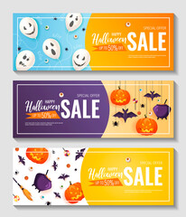 Wall Mural - Happy Halloween promo sale flyers with Halloween elements. Scary pumpkins, ghost balloons, cauldrons, flying bats, spiders, candies. Vector illustration for poster, banner, special offer, discount.