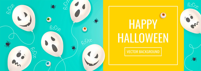 Wall Mural - Happy Halloween background with Halloween elements. Ghost balloons, spiders, eyes. Vector illustration for poster, banner, invitation, card, special offer.