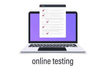 Poster - laptop with window online testing form. online exam. computer with online form survey. knowledge tes