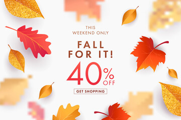 Autumn Sale background, banner, poster or flyer design. Vector illustration with bright beautiful leaves frame and text fall for it 40 % off. Template for advertising, web, social and fashion ads