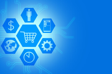 Poster - Schematic concept of online shopping. Online store concept on a blue background. Place for text. An app for online purchases and payments. Icons for working in the online app next to the free space.