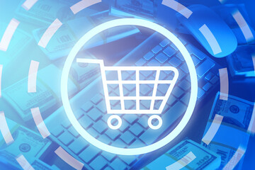 Poster - Webstore. Product selection button. Button for placing the product in the cart. The concept of online trading in blue. Ordering products via the Internet.