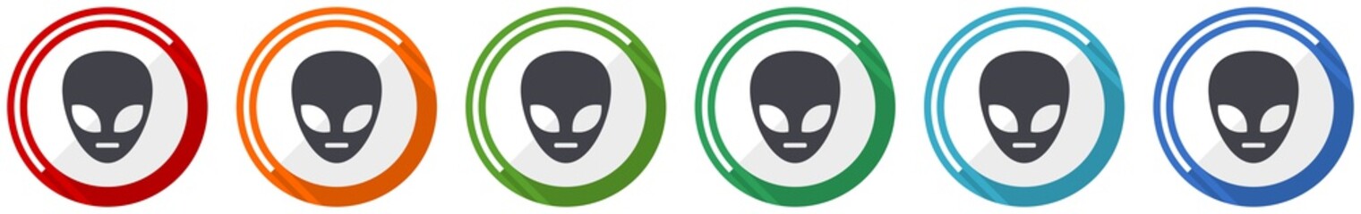 Poster - Alien face icon set, flat design vector illustration in 6 colors options for webdesign and mobile applications