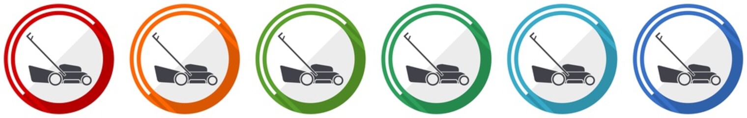 Poster - Lawn mower icon set, flat design vector illustration in 6 colors options for webdesign and mobile applications