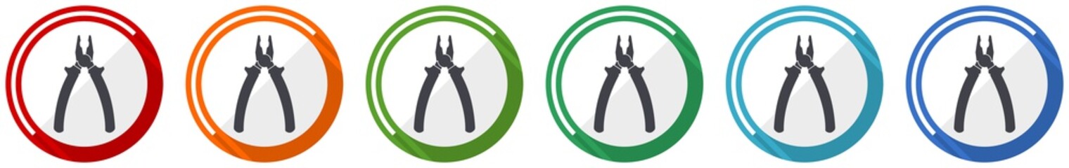 Pliers tool, equipment icon set, flat design vector illustration in 6 colors options for webdesign and mobile applications