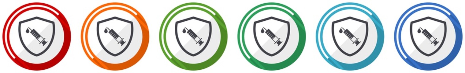 Poster - Vaccine shield concept icon set, flat design vector illustration in 6 colors options for webdesign and mobile applications
