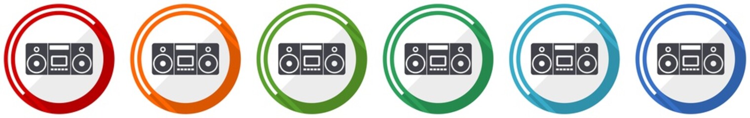 Leinwandbilder - Music, stereo portable equipment icon set, flat design vector illustration in 6 colors options for webdesign and mobile applications